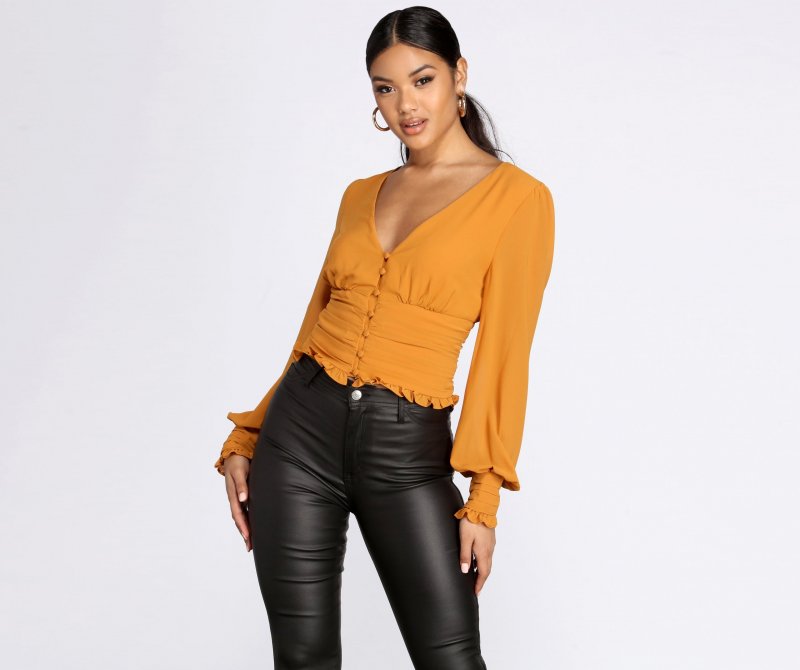 TableClothsUs Chiffon Ruched Waist Cropped Blouse