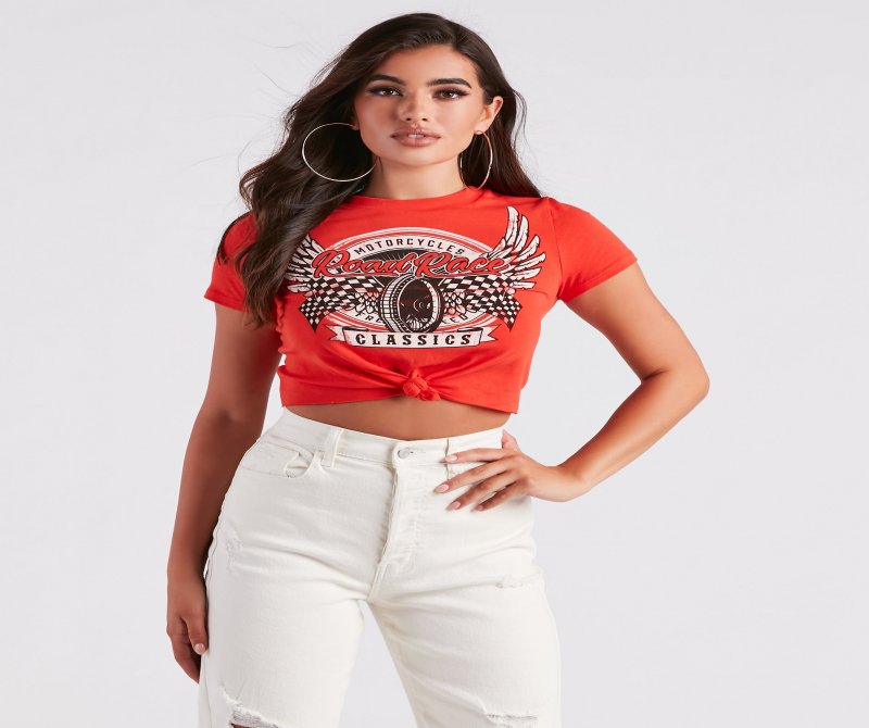 TableClothsUs Moto Babe Graphic Knot Tie Crop Tee