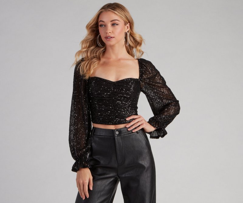 TableClothsUs Chandelier Sequin Long Sleeve Crop Top