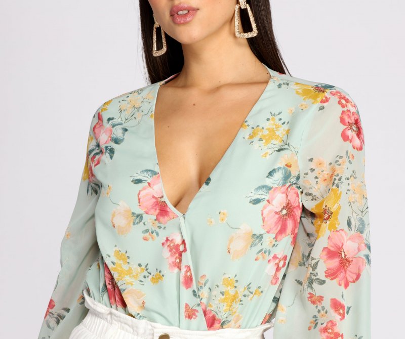 TableClothsUs Poised In Petals Floral Chiffon Bodysuit