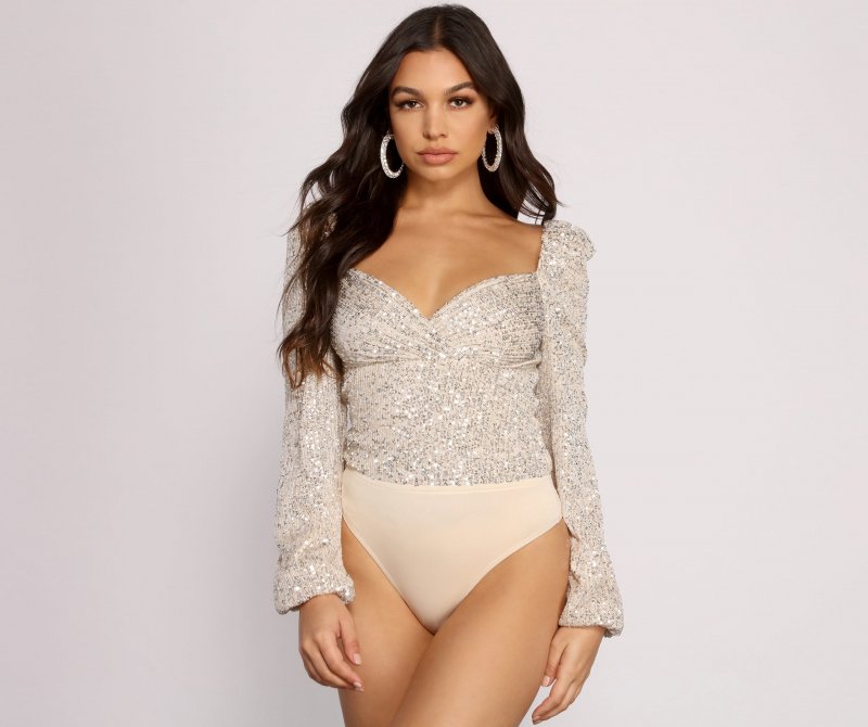 TableClothsUs All That Glow Puff Sleeve Sequin Bodysuit