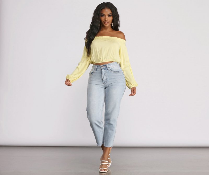 TableClothsUs Off The Shoulder Long Sleeve Gauze Crop Top