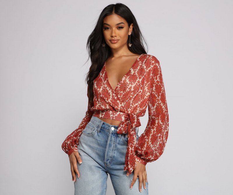 TableClothsUs Fall Floral Wrap Front Crop Top