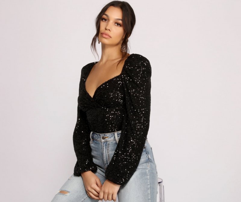 TableClothsUs All That Glow Puff Sleeve Sequin Bodysuit