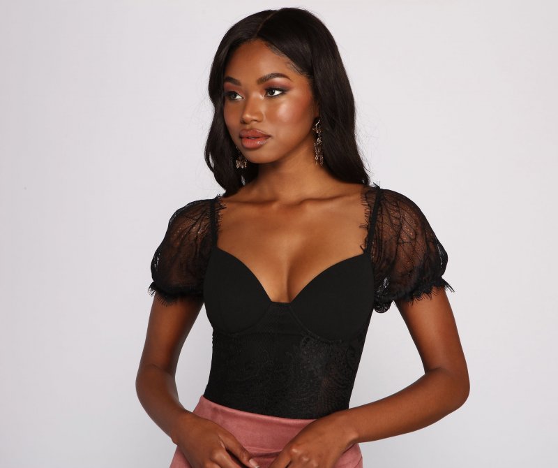 TableClothsUs So Chic Puff Sleeve Lace Bodysuit