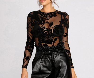 TableClothsUs Flocked Mesh Floral Bodysuit