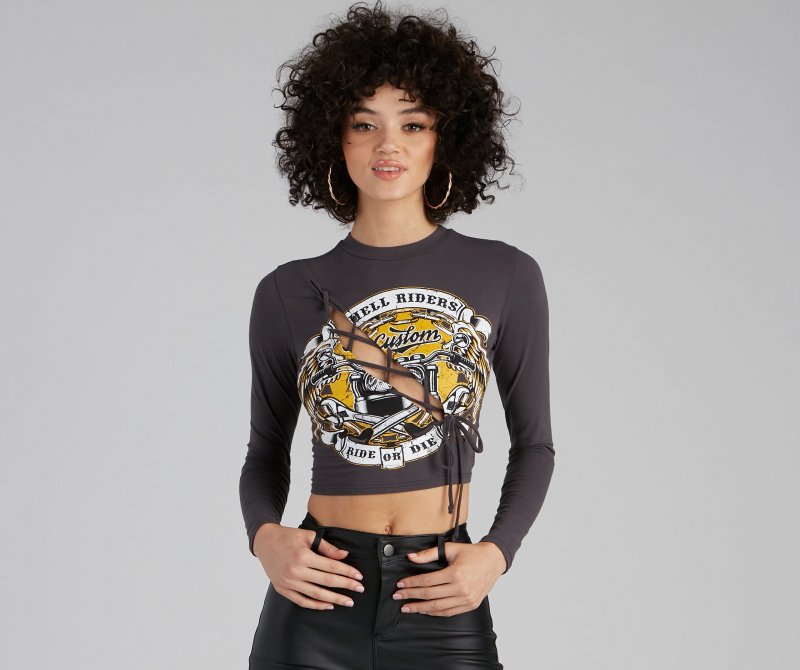 TableClothsUs Ride Or Die Lace-Up Graphic Top