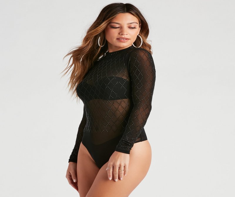 TableClothsUs Moment To Slay Rhinestone Mesh Bodysuit