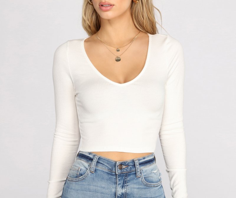 TableClothsUs Basic Ribbed Knit V Neck Crop Top