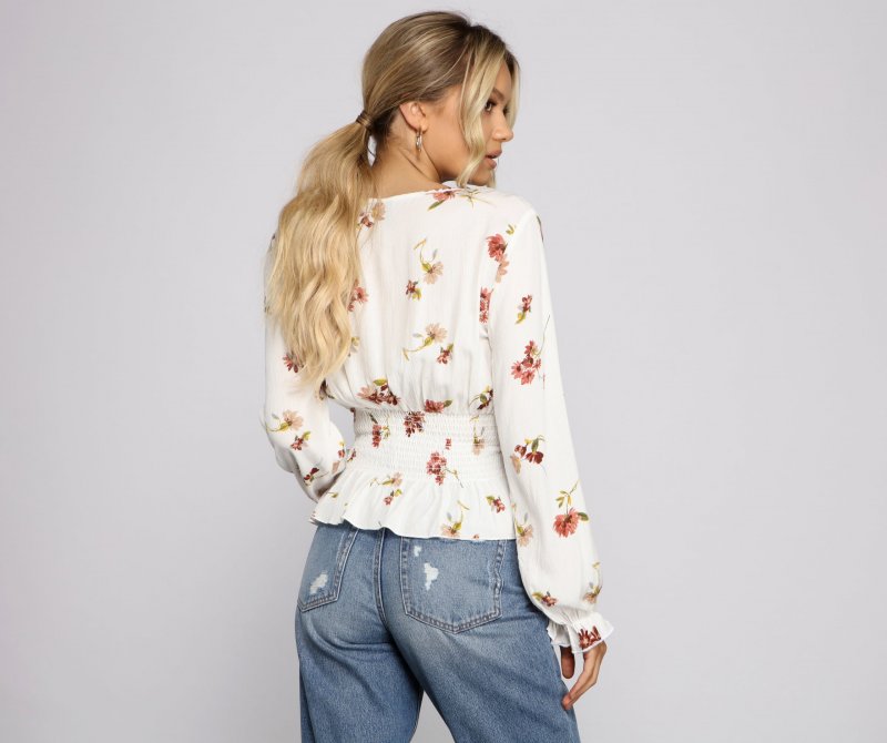 TableClothsUs Smocked Long Sleeve Floral Surplice Gauze Top