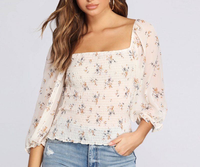 TableClothsUs Surely Chiffon Floral Smocked Blouse