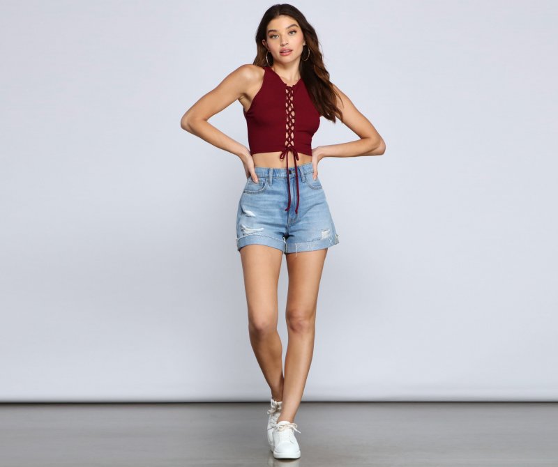 TableClothsUs Totally Chic Lace Up Ribbed Knit Top