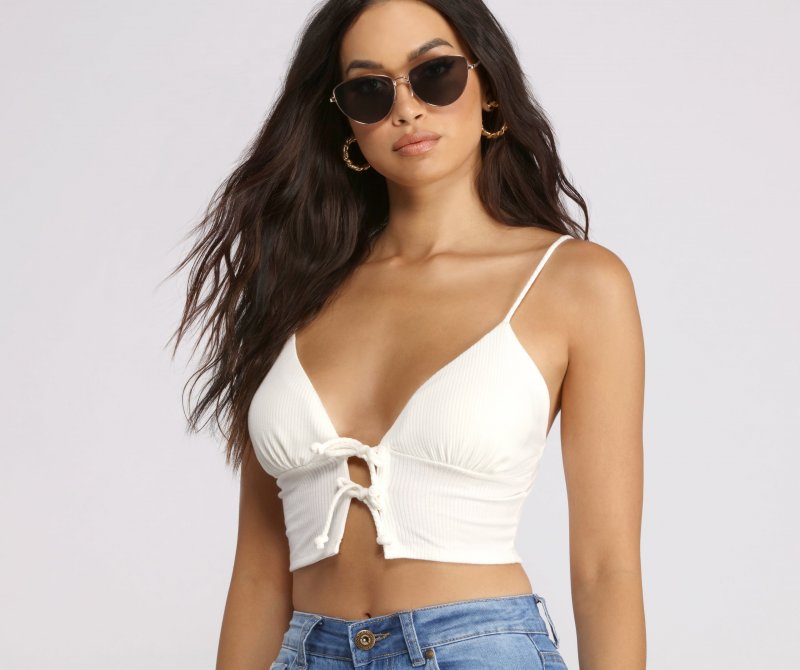 TableClothsUs Double Row Tie Front Ribbed Crop Top