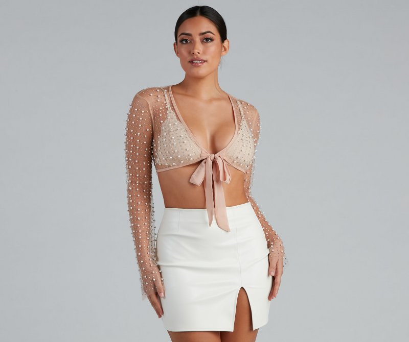 TableClothsUs Glowing Glam Pearl Tie Front Top